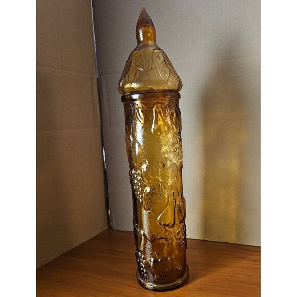 Vintage Empoli Dark Amber Glass Vase or Container with Topper, Fruit Motif - Picture 1 of 8
